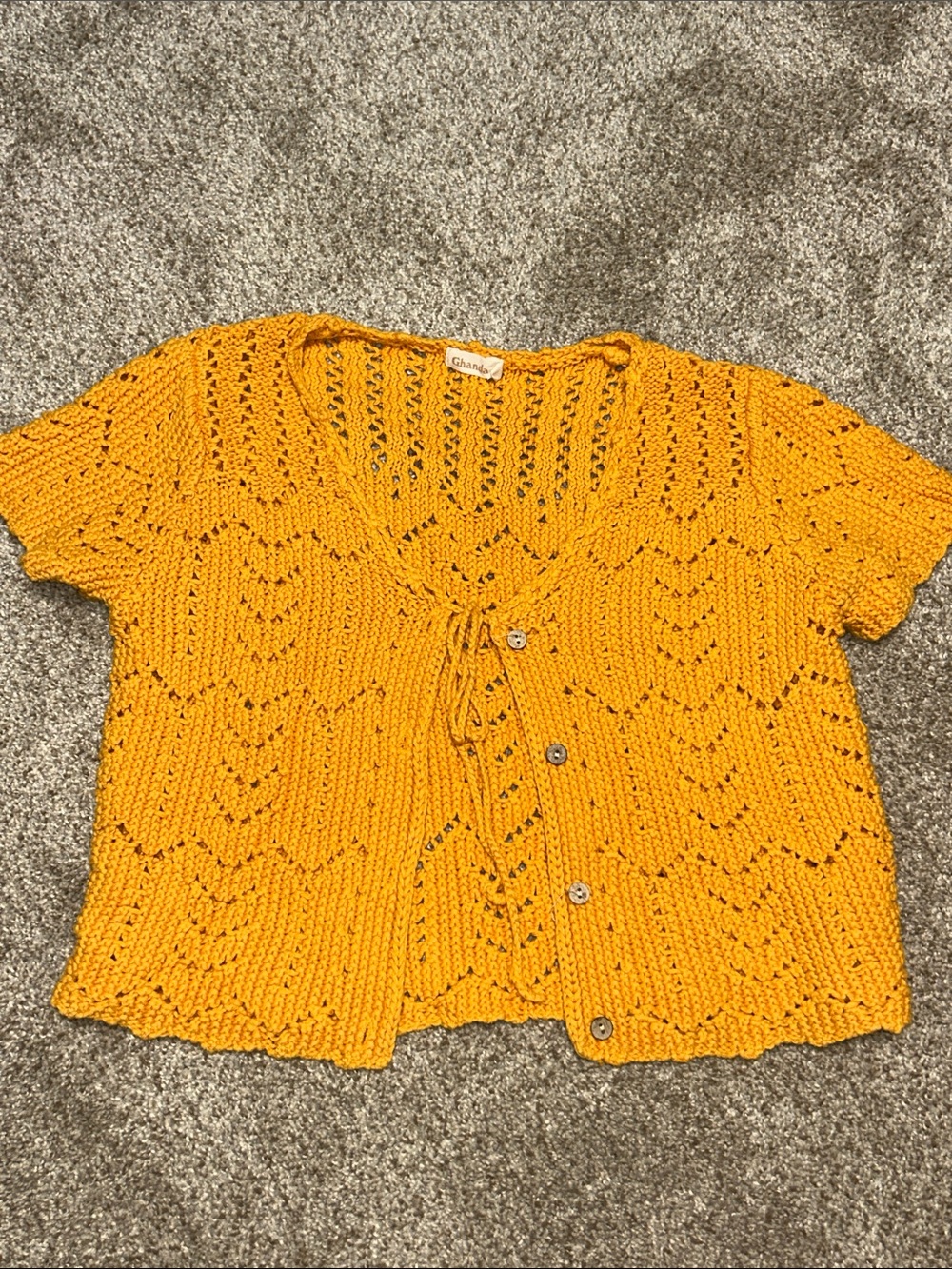 Bright Yellow-orange Crochet Knit Short-Sleeve Cardigan Sweater